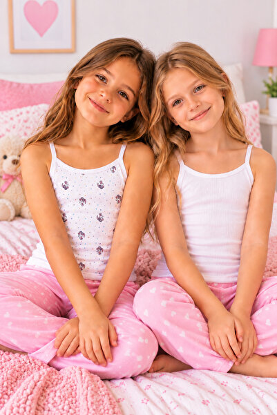 PİAURA Girls' Cotton String Strap Undershirt Set of 2, Plain Ribbed and Patte...