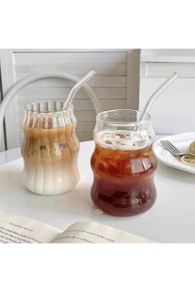 TERRIFI 2 Pcs Ribbed Glass Cups with Lids and Straws, 18 Oz Drinking Glasswar...