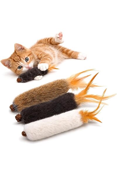 TERRIFI Rabbit Fur Cat Toys, 3-Pack with Silvervine Gall Fruit, Interactive C...
