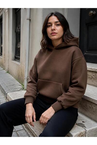harmony factory Unisex Düz Oversize Kapüşonlu Sweatshirt 3 İplik Şardonlu Kahverengi