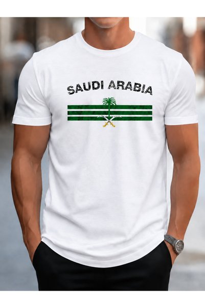 Wonder of U تي شيرت رجالي قطني برقبة دائرية بتصميم علم السعودية العتيق