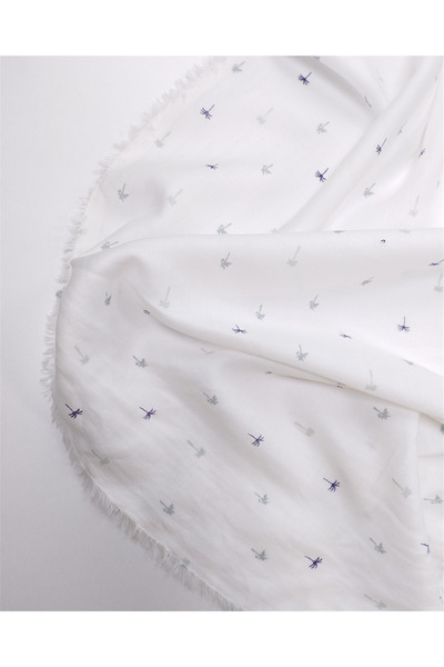 Kumaş Parça Ecru with Navy Blue and Green Patterned Viscose Voile Fabric for ...