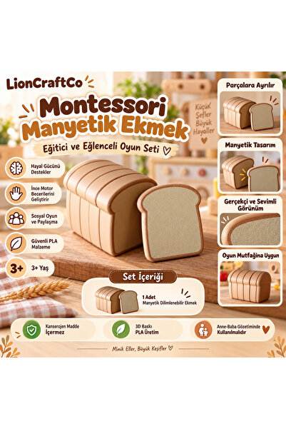 LionCraftCo Montessori Manyetik Dilimlenebilir Ekmek Oyuncağı – Eğitici Mutfa...