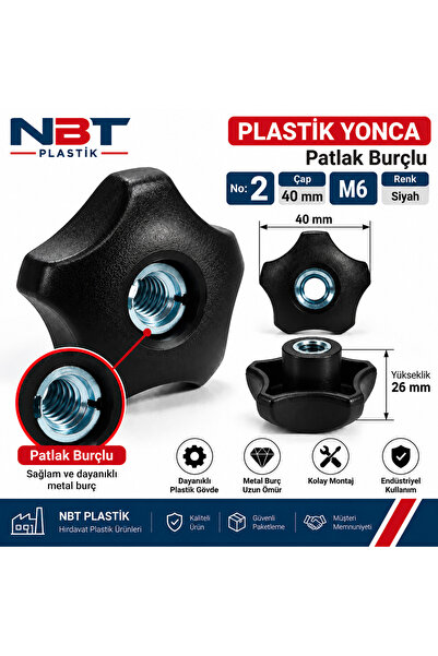 Plastik Başlı Yonca Çap 40 M6 Siyah 5'li Paket