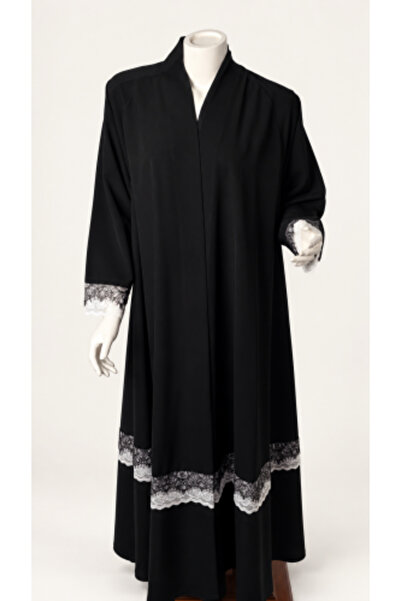 Rukn Ahlam Double Crotch Abaya with White and Black Lace on the Sleeves