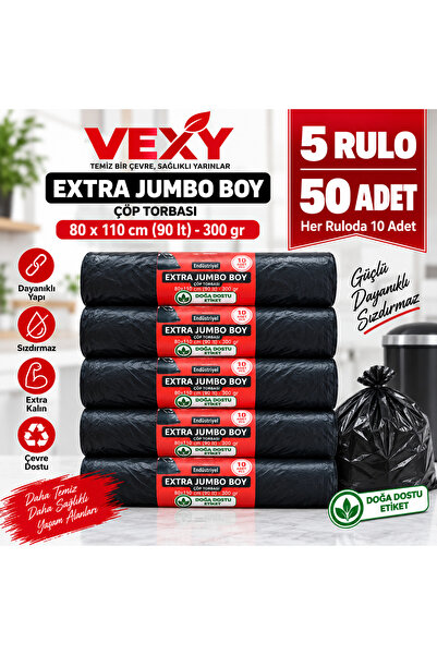 80X110 cm 90 Litre 300 gr Jumbo Boy Çöp Torbası 50 Adet Siyah Dayanıklı Endüstriyel Çöp Poşeti 10'lu 5 Rulo