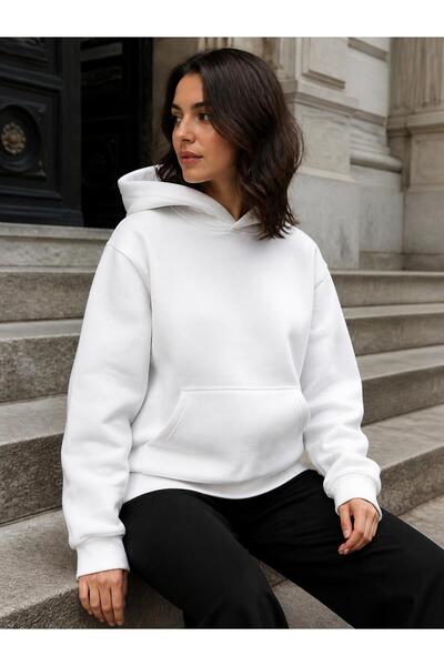 harmony factory Unisex Düz Oversize Kapüşonlu Sweatshirt 3 İplik Şardonlu Beyaz