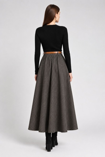 mor butik Women's Brown Houndstooth Patterned Belted Flared Maxi Skirt Ekss00