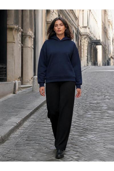 harmony factory Unisex Düz Oversize Kapüşonlu Sweatshirt 3 İplik Şardonlu Lacivert