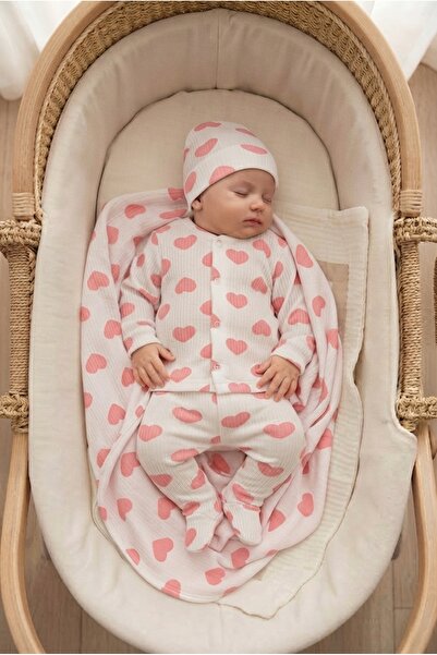 GÜLÜNCE Cotton Pink Hearted Blanket Set with Top and Bottom Hats - 4 Pieces