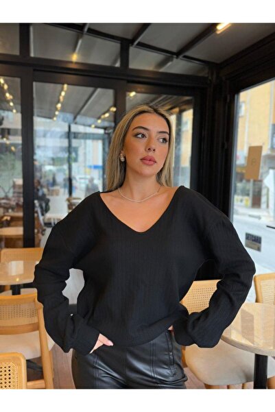 VELİZADE Women's Black Long Sleeve V-Neck Back Lace Detailed Thick Ribbed Cam...