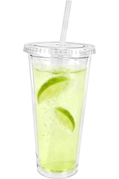 GENERAL Reusable Double-Walled Transparent Plastic Cups, with Straw, for Coff...