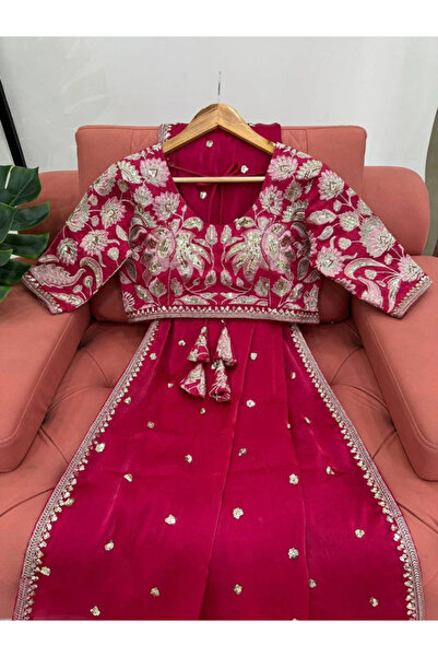 MYSMAR Fuchsia Pink Embroidered Silk Blend Lehenga Set - KTS9885 | Fuchsia Pink
