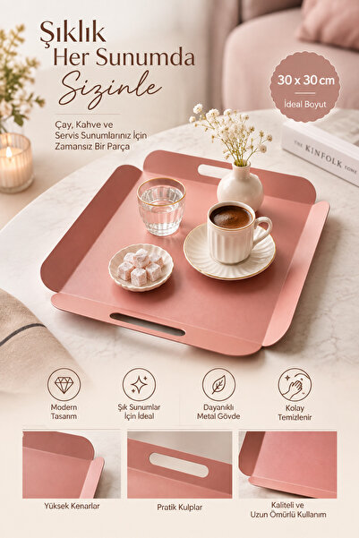 hemlife 30x30 cm Kare Metal Servis Tepsisi – Çay Kahve Sunum Tepsisi Kulplu D...
