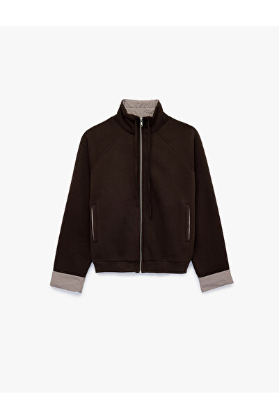 Koton Raised Collar Zippered Raglan Sleeve Sweatshirt with Plaid Detail