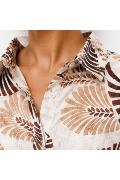 doneel Women’s Beige & Brown Tropical Leaf Print Long-Sleeve Button-Up Shirt – Free Size