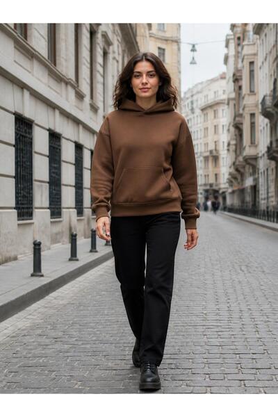 harmony factory Unisex Düz Oversize Kapüşonlu Sweatshirt 3 İplik Şardonlu Kahverengi