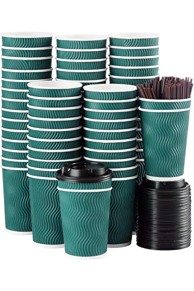 AOMIGE Coffee Cups with Lids and Straws(50 Set),Ripple Insulated Triple Corru...