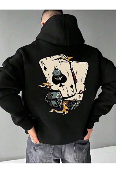Marco Fresco Unisex Black Card and Dice Back Printed Hooded Sweatshirt Printe...