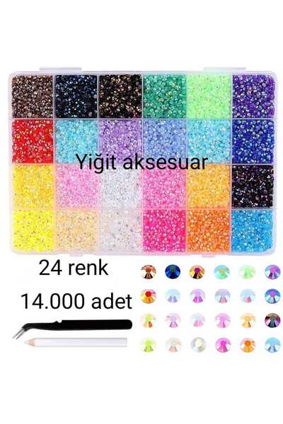 yiğit aksesuar Rengarenk 24 Renk 14.000 Adet Yapıştırma Taş Ss10(2.5 MM) Bedazzling kit kalem ve Cımbız Hediyeli