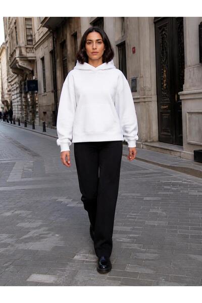 harmony factory Unisex Düz Oversize Kapüşonlu Sweatshirt 3 İplik Şardonlu Beyaz