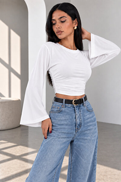CNRCollection Kadın Beyaz Bisiklet Yaka Modal Kumaş Beli Lastikli Büzgülü İsp...