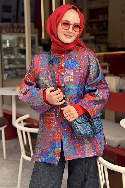 Ghisa Sıfır Yaka Reglan Kol Önden Düğmeli Desenli Jakar Ceket