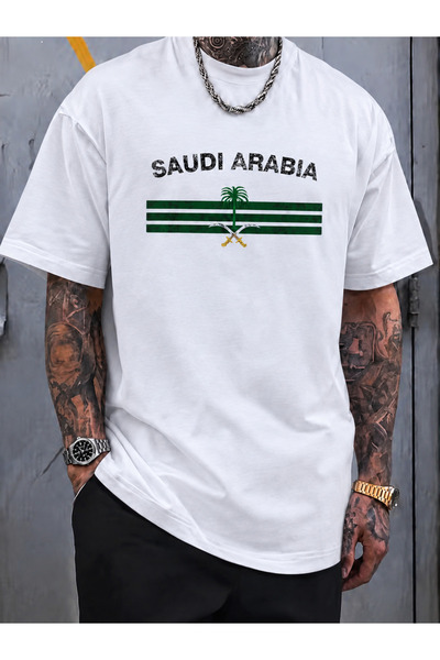 Wonder of U تي شيرت رجالي قطني برقبة دائرية بتصميم علم السعودية العتيق