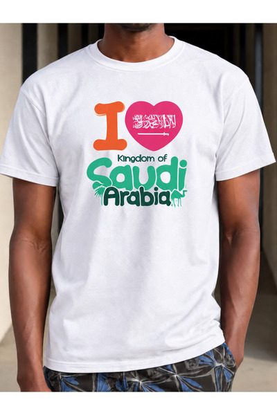 Wonder of U تي شيرت رجالي قطني برقبة دائرية مع رسومات علم السعودية على شكل قلب