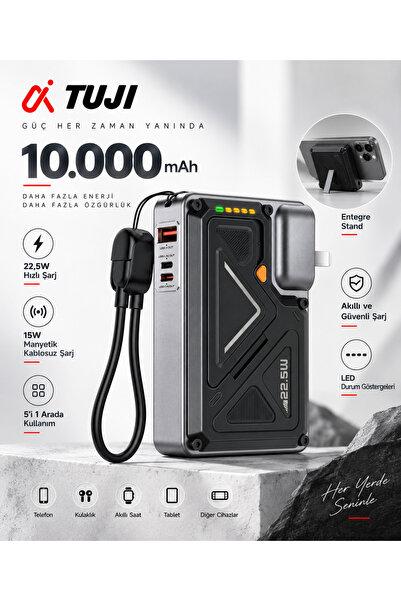 10.000 mAh 5'i 1 Arada MagSafe Uyumlu Powerbank – 22.5W Hızlı Şarj, 15W Manyetik Kablosuz Şarj, Entegre Standlı Taşınabilir Şarj Cihazı