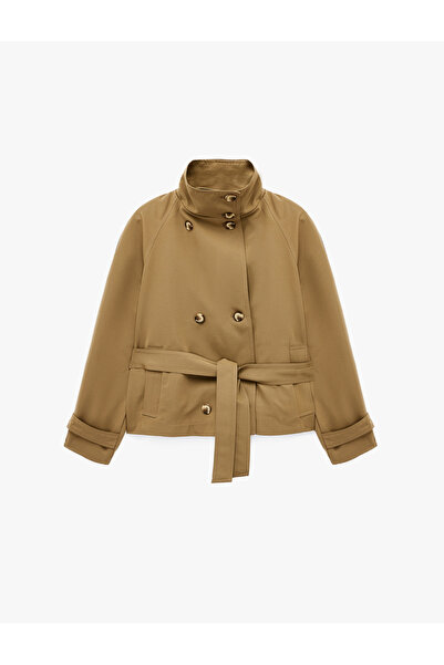 Koton Belted Gabardine Fabric Stand Collar Pocketed Long Sleeve Double Breast...