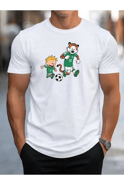 Wonder of U Comic Boy and Tiger Soccer Duo Men's Cotton Crew Neck T-Shirt