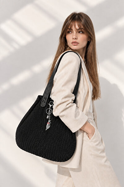 AFVENTE Women's Black Hand-Knitted Leather Handle Large Size Shoulder and Sho...