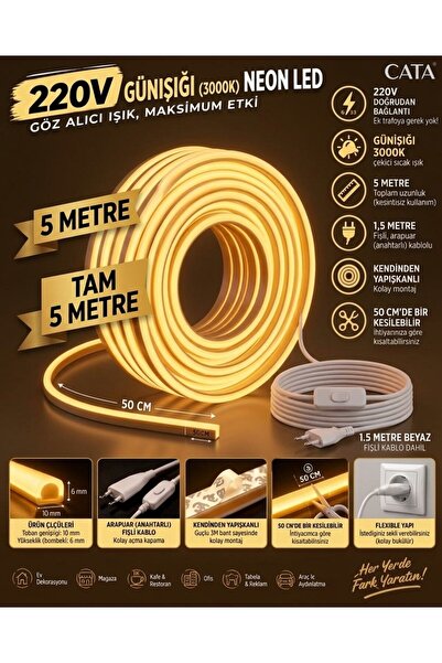 ECONA 5 METRE 3000k-günışığı 220V Neon LED Şerit ,Tak Çalıştır Set, Fişli Ana...