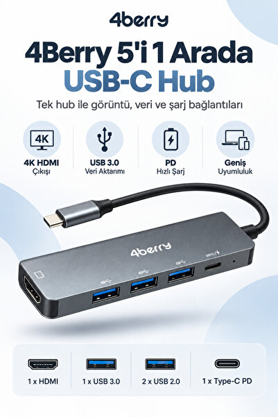 4 Berry KD5 5’i 1 Arada USB-C Hub – 4K HDMI, USB Çoklayıcı ve PD Şarj Desteği