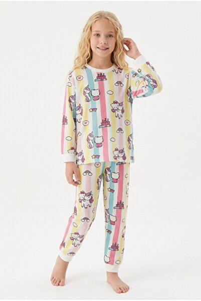 %100 Pamuk Yazlık Kısa Kollu Unicorn ve Kedi Desenli Kız Çocuk Pijama Takımı