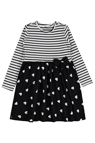 Civil Girls Striped and Heart Patterned Dress for 6-9 Years - Ecru