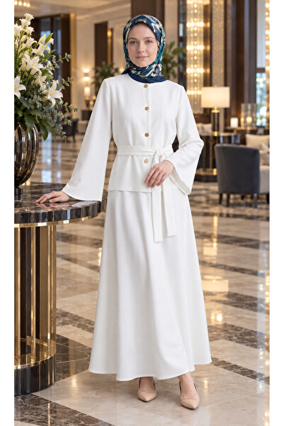 allwear Lalina Takım, Kuşaklı Düğmeli Uzun Tesettür Elbise