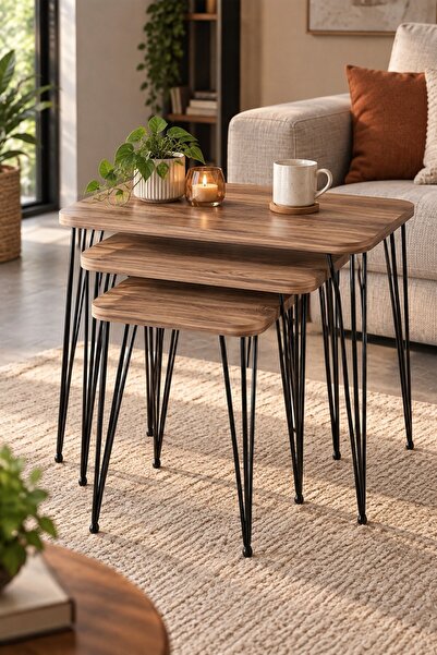 SuloraHome Ceviz Desenli Metal Tel Ayaklı 3'lü Zigon Sehpa Takımı