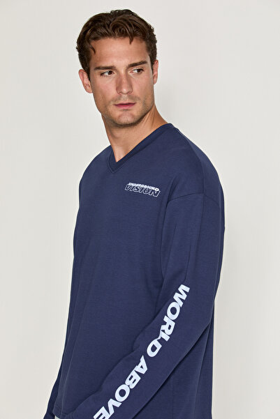 GRIMELANGE Dasta Men's Long Sleeve Printed Navy Blue T-Shirt