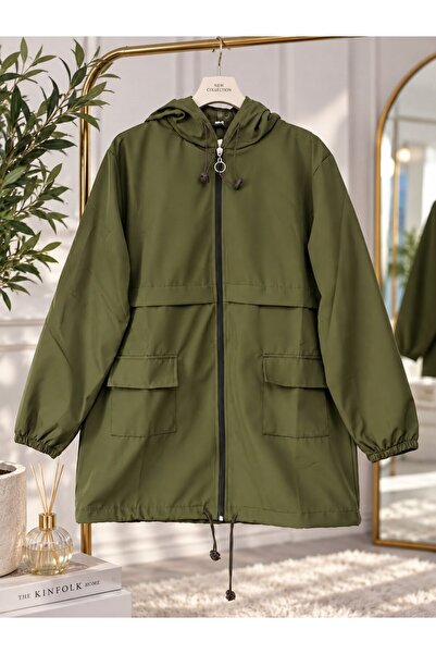 modasindoma Women's Hijab Hooded Raincoat with Pocket Detail Khaki