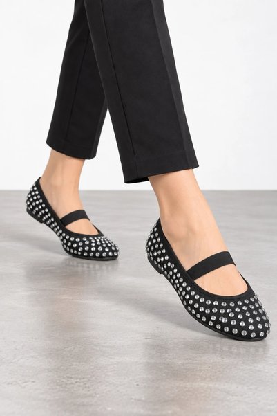 HT HOTİN Shade Women's Stone Detailed Ballerina Shoes - Black