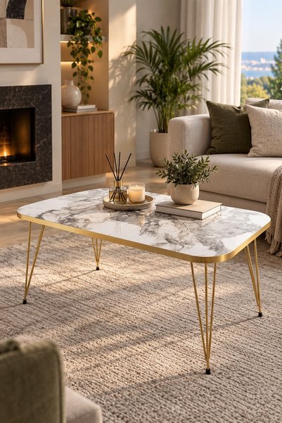 SuloraHome Gold Detaylı Mermer Desenli Orta Sehpa
