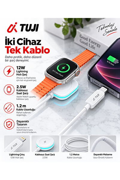 tuji Akıllı Saat ve iPhone Uyumlu 2’si 1 Arada Şarj Kablosu – 12W Lightning, ...