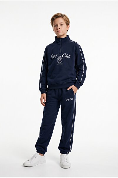 Toontoy Boy's Half-Zipper Tracksuit Set with Printed Text on the Front