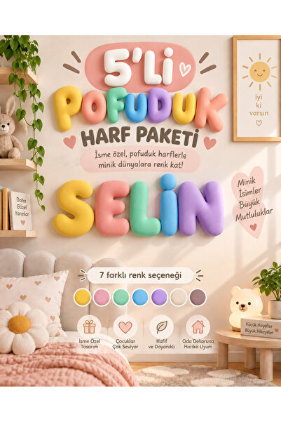 5'li Pofuduk Harf Duvar Dekoru | İsme Özel Çocuk Odası Bubble Harfler