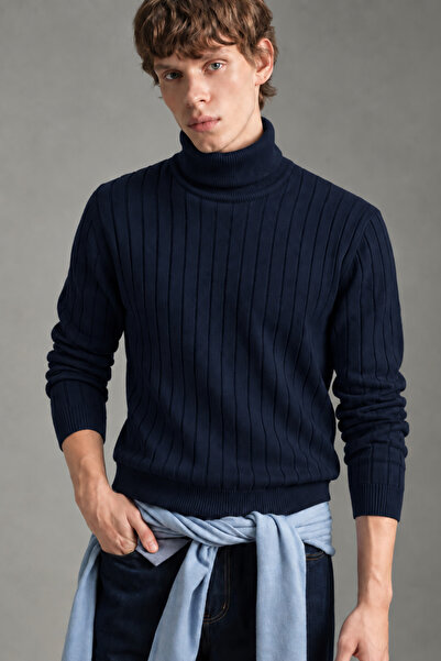 Tarz Cool Men's Navy Blue Ribbed High-Neck Knit Sweater