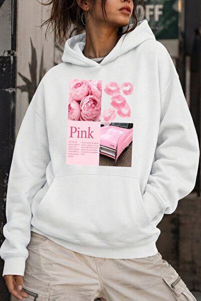 uyguntarz سويت شيرت بقلنسوة كبير الحجم مطبوع عليه PINKCAR للجنسين