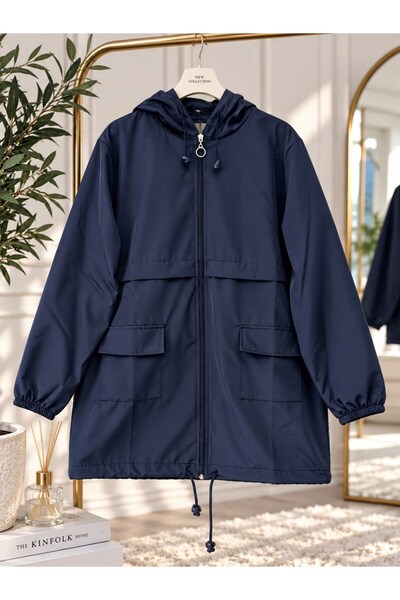 modasindoma Women's Hijab Hooded Raincoat with Pocket Detail, Navy Blue