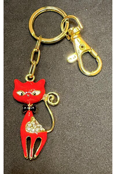 Valmont Cats & Meow Red Enamel Cat Figurine Keychain with Crystal Stones Gold...